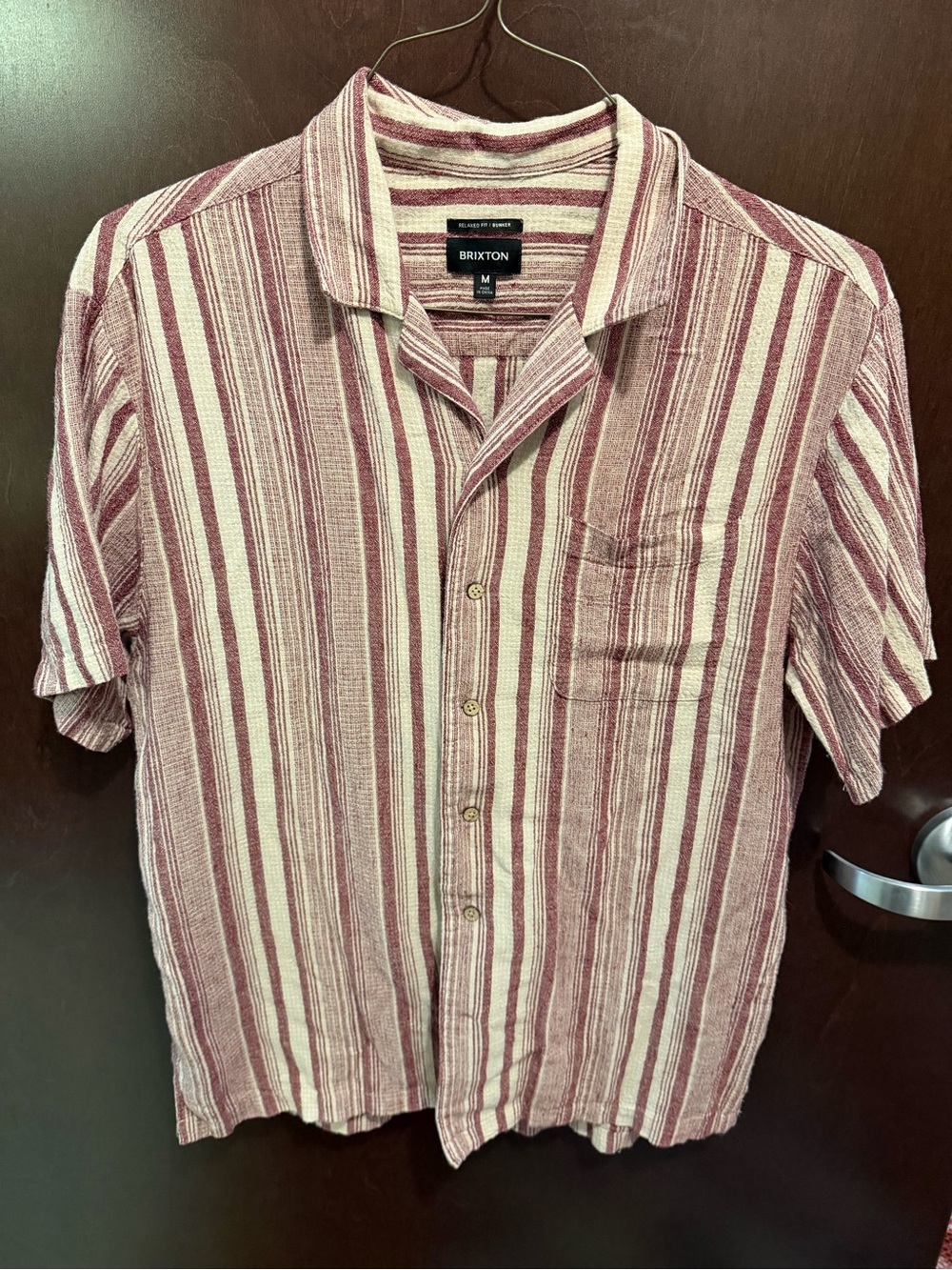 Brixton Men's Maroon and Cream Striped Short Sleeve Button-Up Shirt